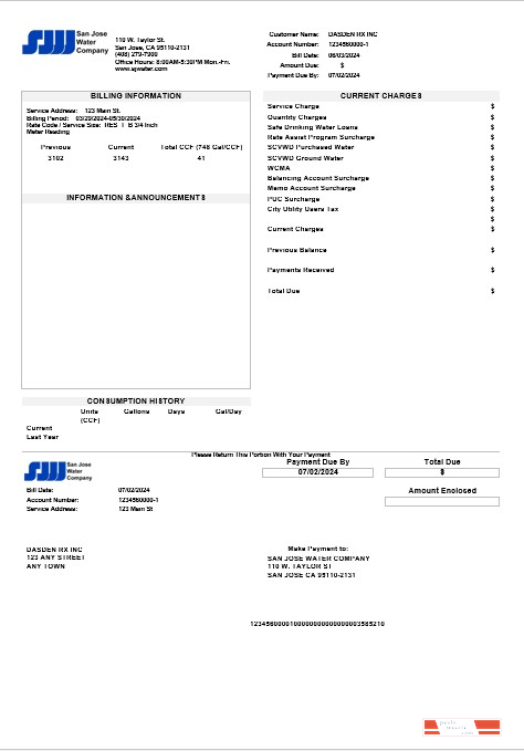 USA California San Jose Water business utility bill template in Word and PDF formats